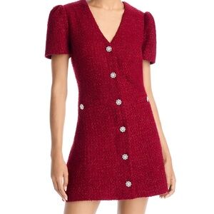 AQUA Elegant Red Tweed Dress Decorative Buttons